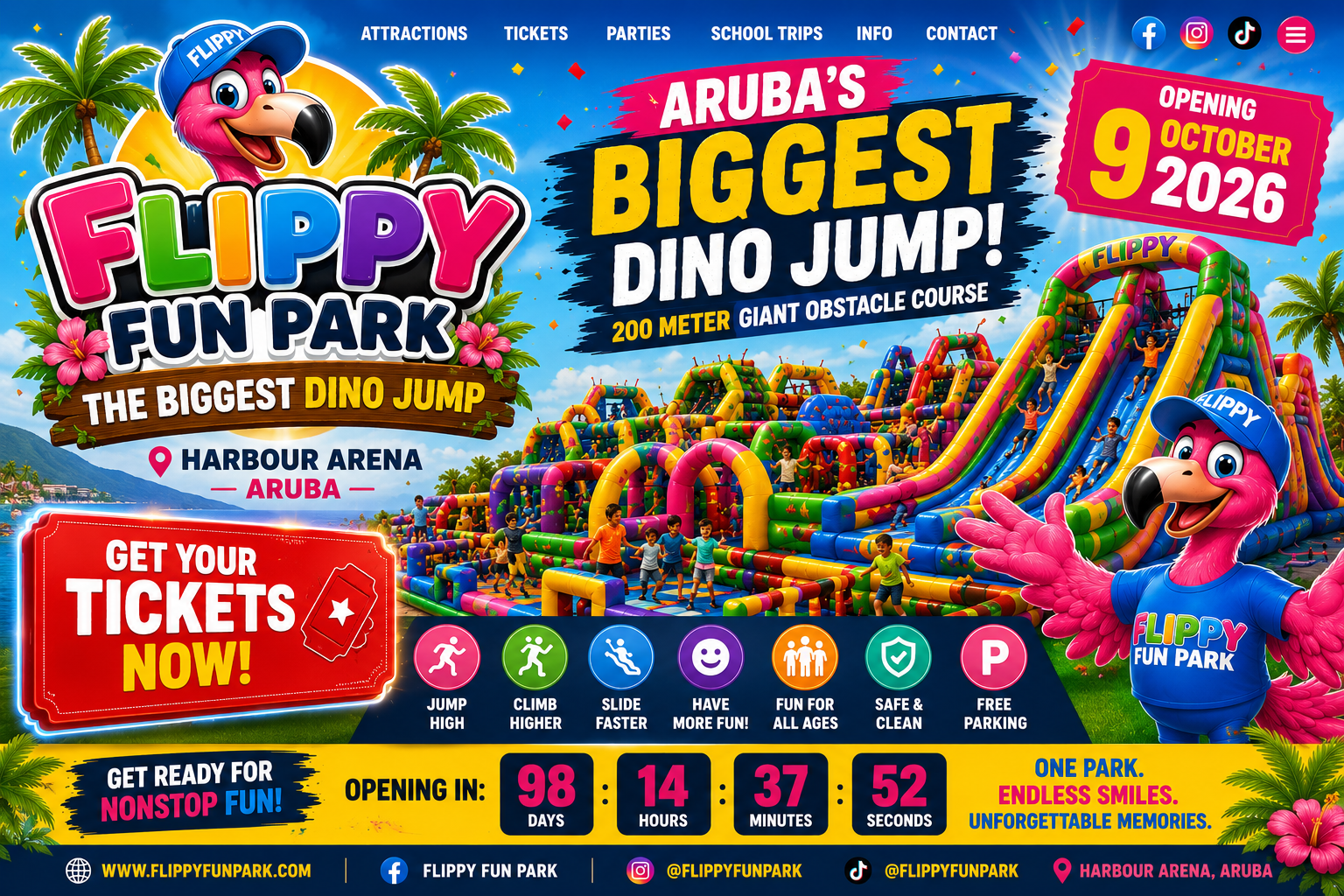 Flippy's Fun Park — Aruba's Biggest Dino Jump, 200 meter giant inflatable obstacle course, opening October 9 2026 at Harbour Arena, Aruba